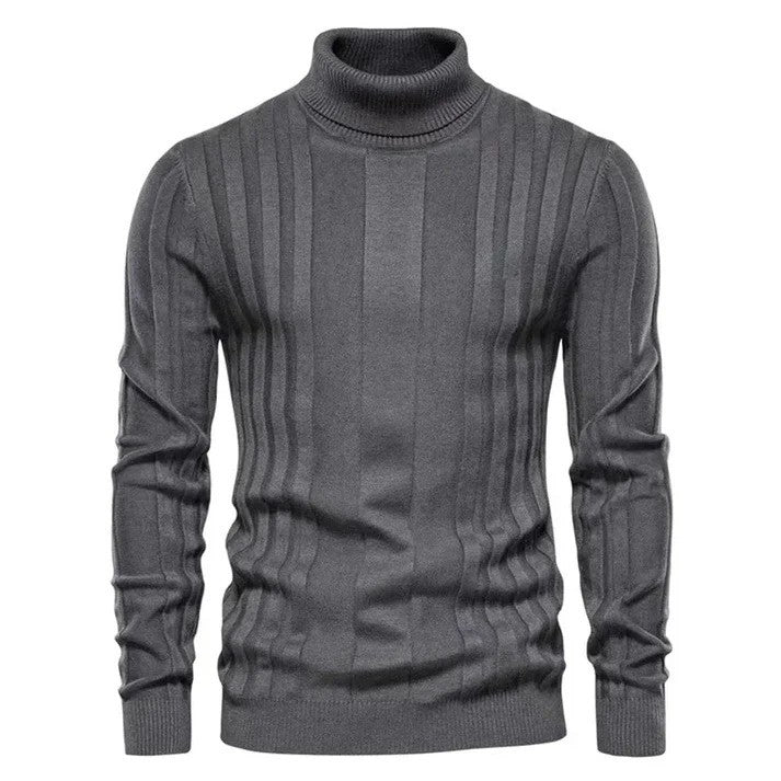 Grauer Herren-Rollkragenpullover aus Strick mit vertikalem Rippmuster, ideal für Herbst- und Wintermode. Eleganter, warmer Pullover für Herren.