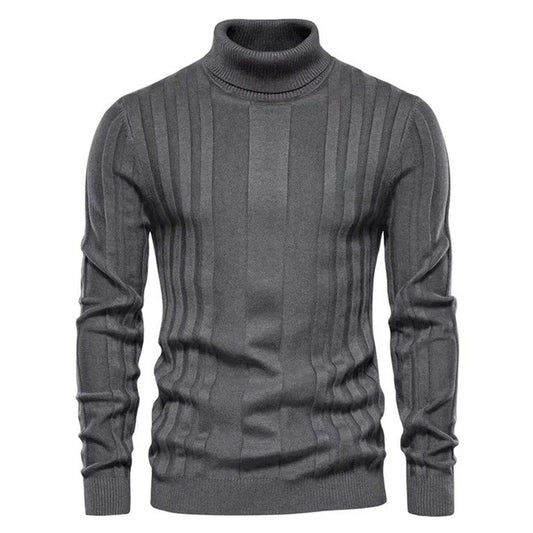 Grauer Herren-Rollkragenpullover aus Strick mit vertikalem Rippmuster, ideal für Herbst- und Wintermode. Eleganter, warmer Pullover für Herren.