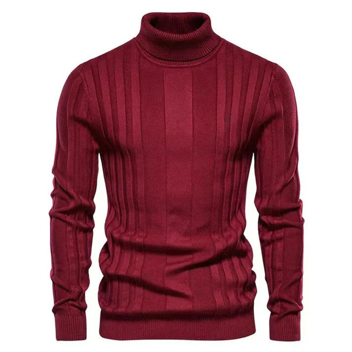 Bordeauxroter Rollkragenpullover aus Strick mit vertikalen Streifen, elegantes Design, ideal für Herbstmode, Herrenbekleidung, warme Winterkleidung.
