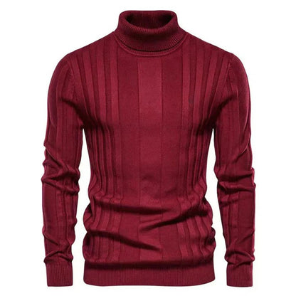Bordeauxroter Rollkragenpullover aus Strick mit vertikalen Streifen, elegantes Design, ideal für Herbstmode, Herrenbekleidung, warme Winterkleidung.