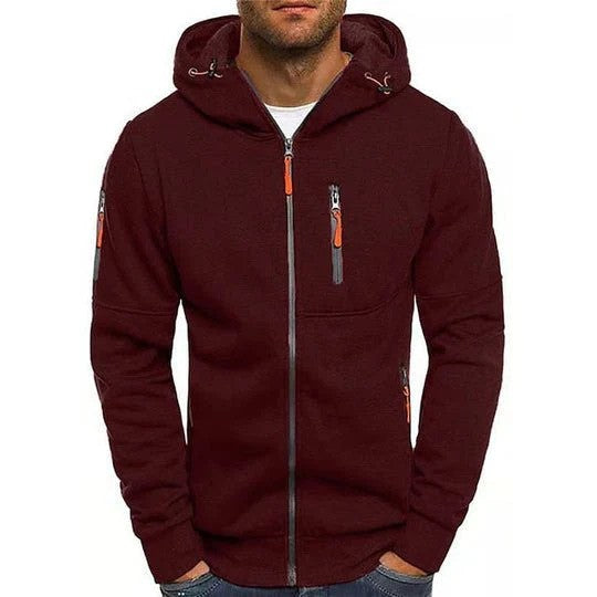 Dunkelrote Herren-Kapuzenjacke mit Reißverschluss, Taschen und Kapuze. Modische Freizeitkleidung, ideal für Herbst und Winter.
