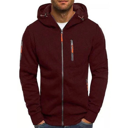 Dunkelrote Herren-Kapuzenjacke mit Reißverschluss, Taschen und Kapuze. Modische Freizeitkleidung, ideal für Herbst und Winter.