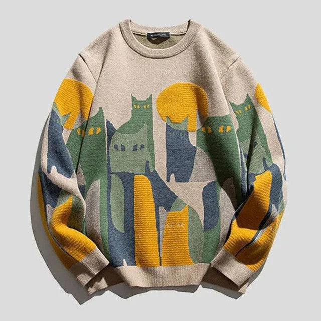 Beiger Pullover mit buntem Katzenmotiv, ideal für Herbstmode. Stilvoller Strickpullover mit Katzenprint, perfekt für Katzenliebhaber und modische Outfits.