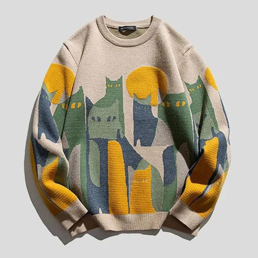 Beiger Pullover mit buntem Katzenmotiv, ideal für Herbstmode. Stilvoller Strickpullover mit Katzenprint, perfekt für Katzenliebhaber und modische Outfits.