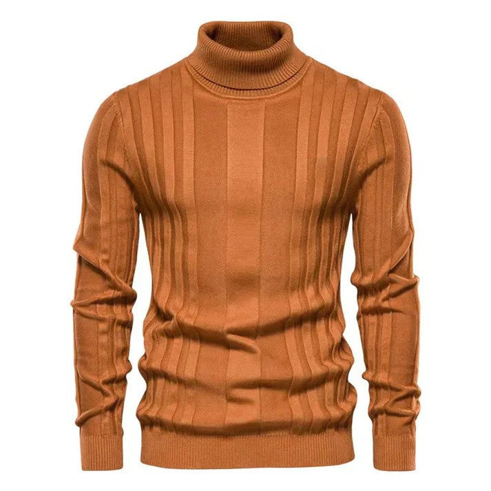 Brauner Rollkragenpullover aus Strick mit vertikalen Streifen, modisch und warm, ideal für Herbst und Winter. Herrenmode, eleganter Stil.