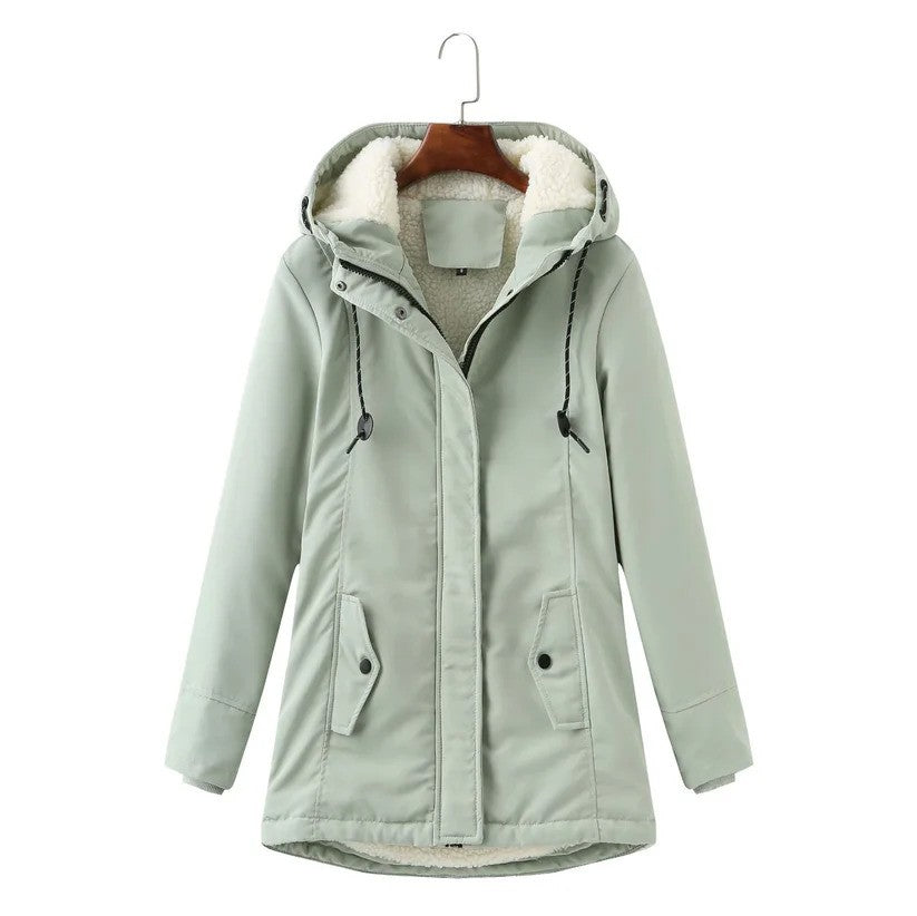 Damen Winterjacke mit Kapuze, hellgrün, warm gefüttert, modisch, wasserdicht, ideal für kalte Tage, stilvoller Parka für Damen.