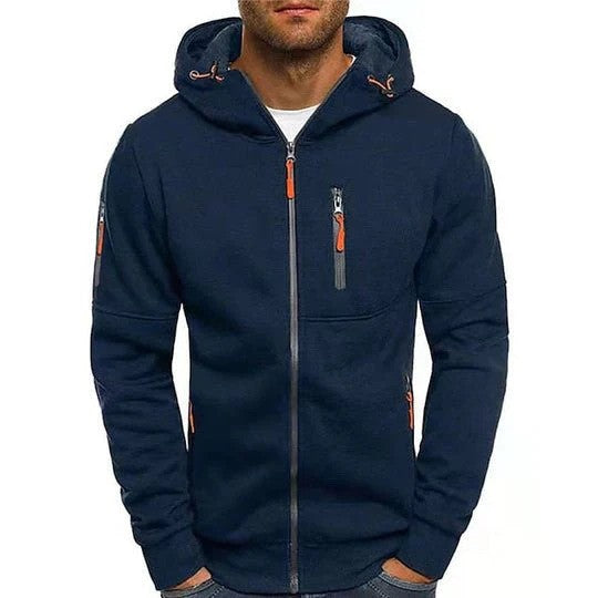 Dunkelblauer Herren-Hoodie mit Reißverschluss, Kapuze und orangefarbenen Akzenten. Modischer Freizeitpullover für Männer.