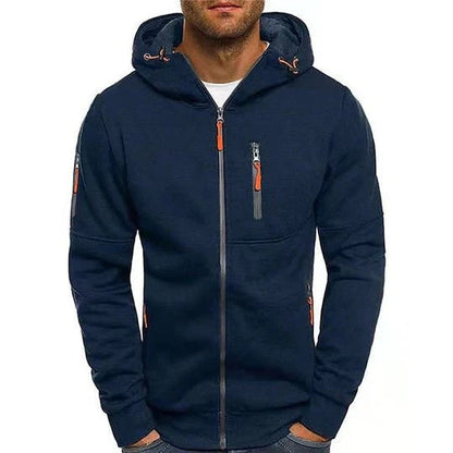 Dunkelblauer Herren-Hoodie mit Reißverschluss, Kapuze und orangefarbenen Akzenten. Modischer Freizeitpullover für Männer.