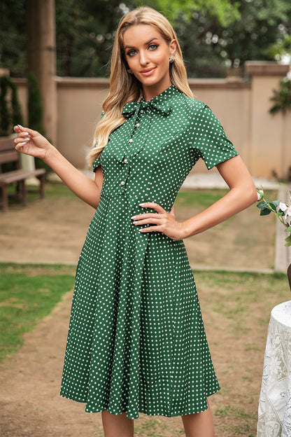 Damen-Kleid im Vintage-Stil mit Polka-Dots, kurzen Ärmeln und A-Linien-Schnitt