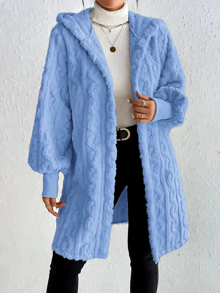 Women's Long Hooded Coat with Plush and Ribbed Cuffs – Comfortable Style