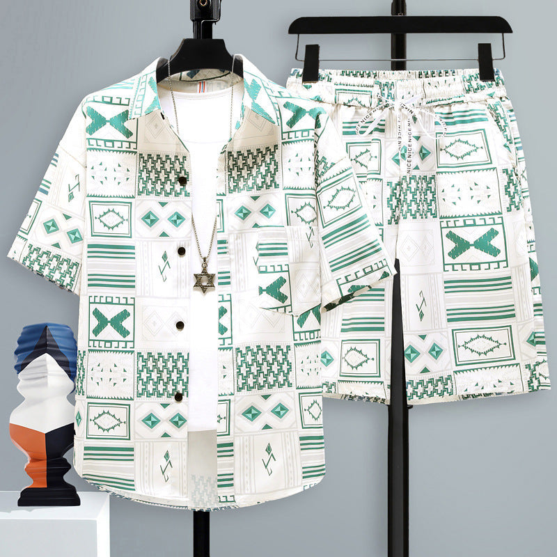 Men's Summer Sport Short-Sleeve Two-Piece Set Straight-Cut Shorts Matching Outfit