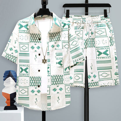 Men's Summer Sport Short-Sleeve Two-Piece Set Straight-Cut Shorts Matching Outfit