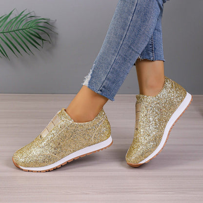 Women's Slip-On Flat Shoes with Sequins and Round Toe