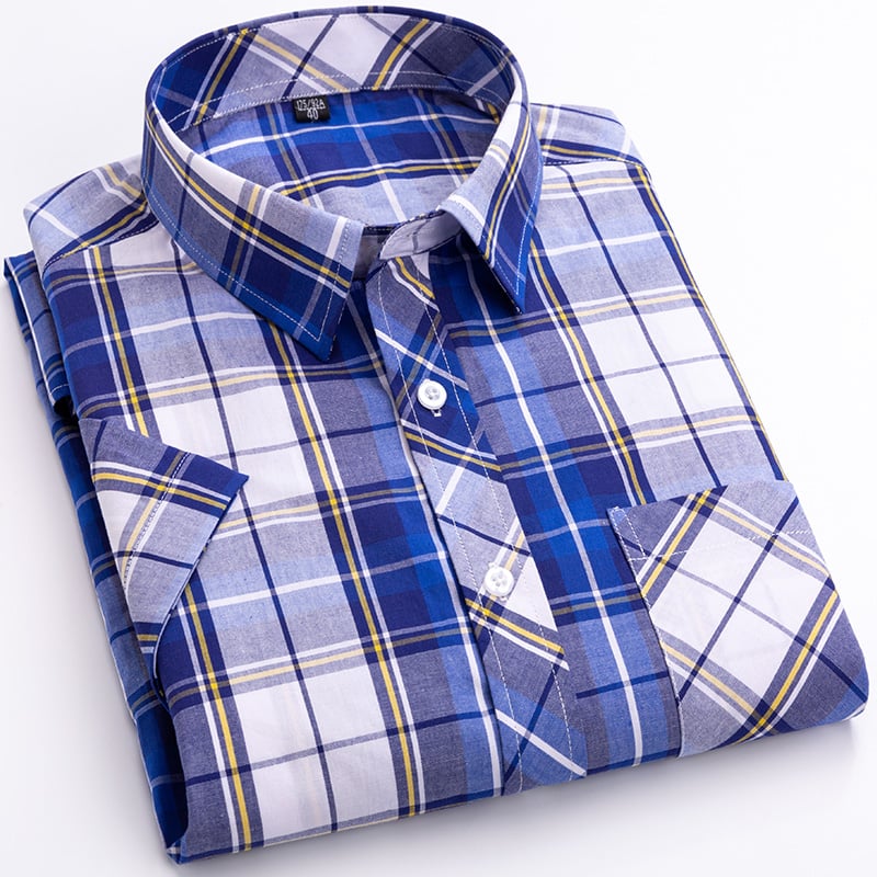 Men's Short-Sleeve Shirt with Check Pattern and Button Placket – Cotton Blend