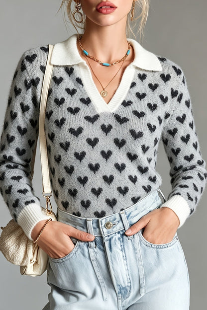 Jacquard-Strickpullover mit Herzmuster und klassischem Kragen