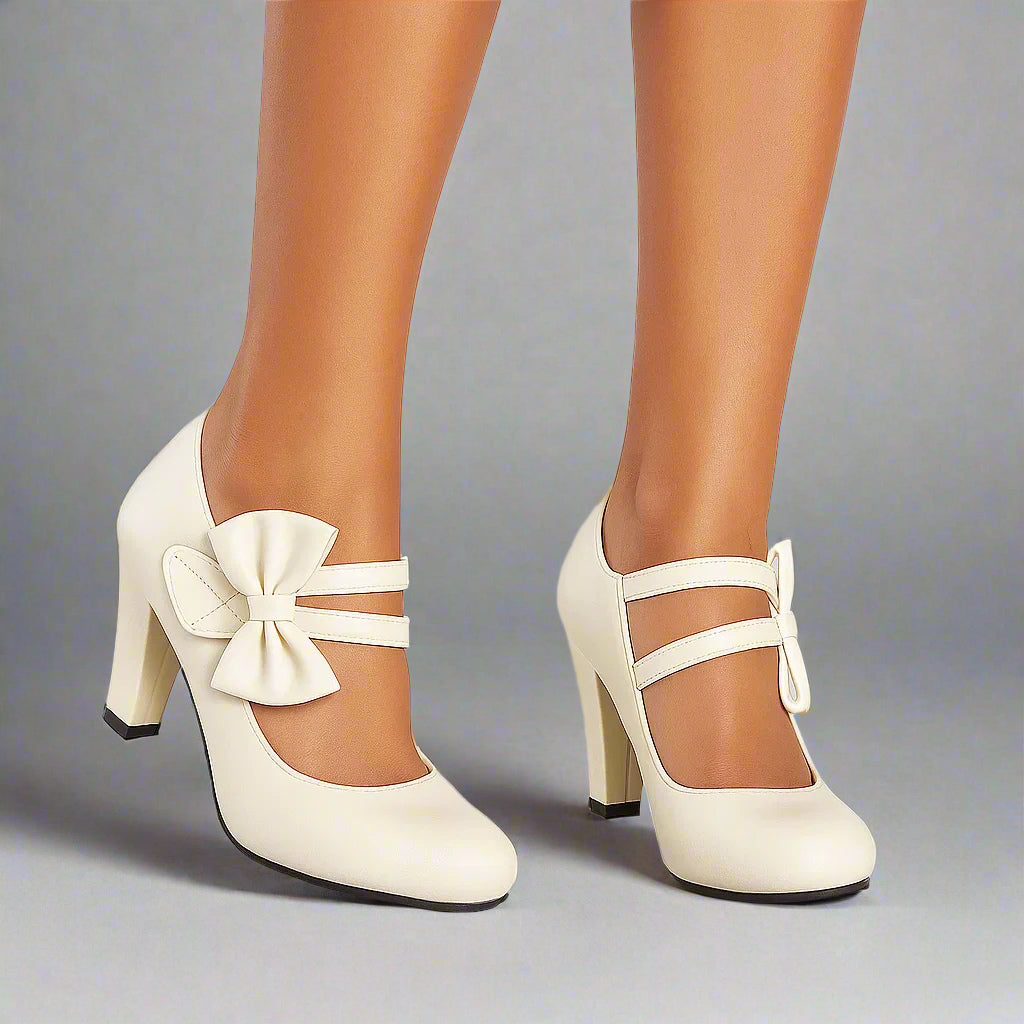 Women's High Heels with Double Straps, Oversized Bow, and Block Heel