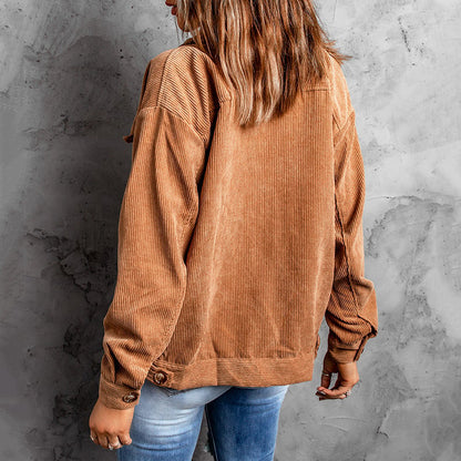 Women's corduroy shirt jacket with single-row button placket and long sleeves
