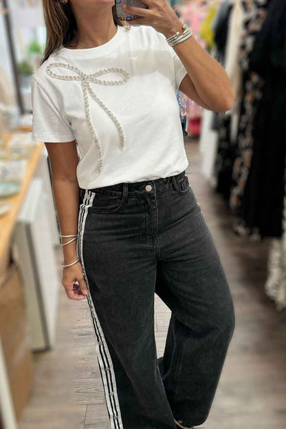 Damen T-Shirt mit Strass-Schleife und Kurzarm
