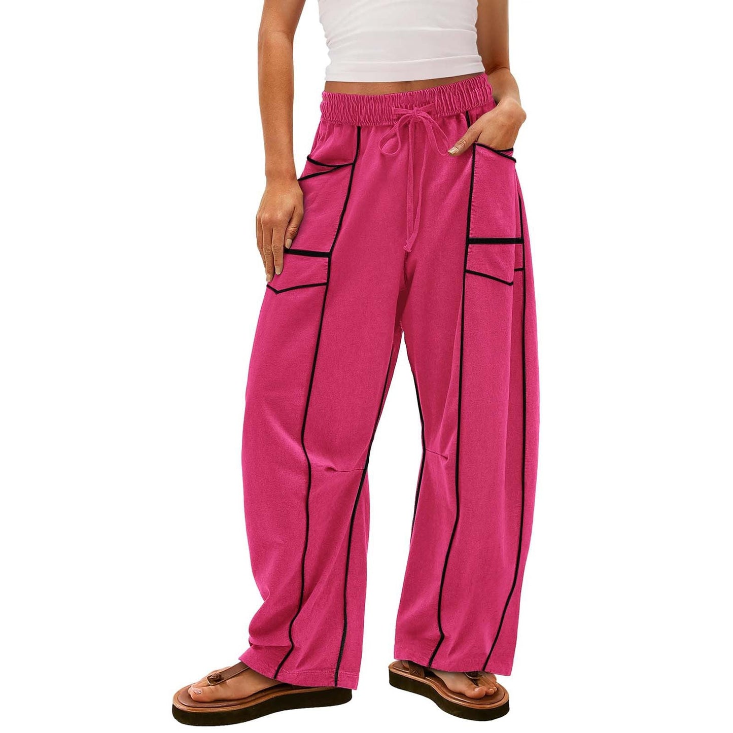 Women's Wide Pants with Drawstring, Striped Design and Side Pockets