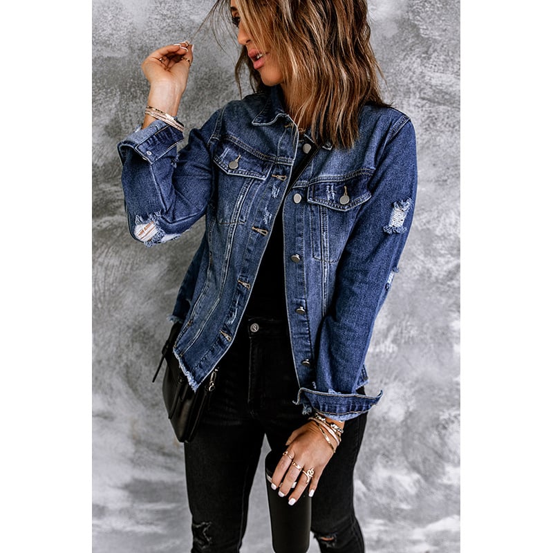 Women's autumn jacket in denim blend with button placket and long sleeves