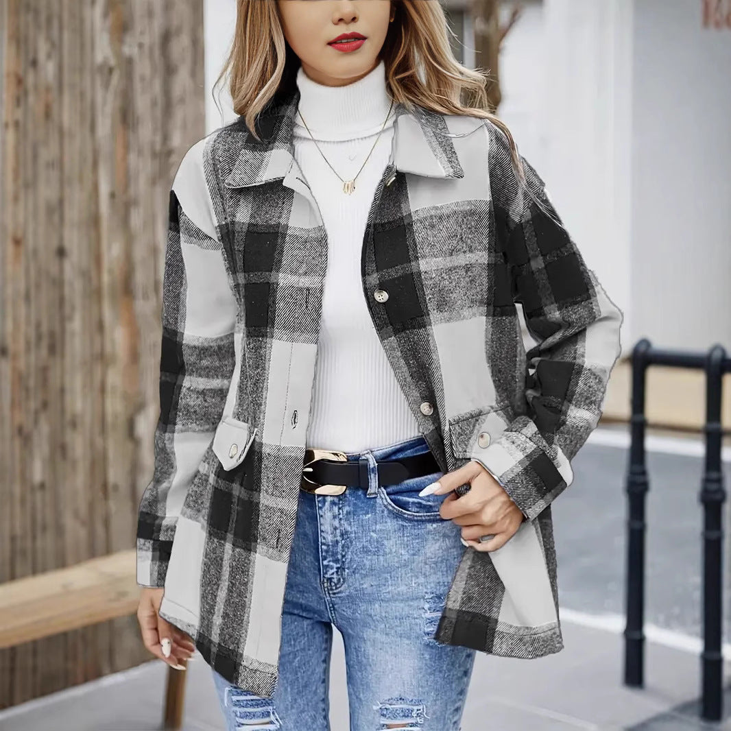 Women's Checked Long-Sleeve Shirt with Button Placket and Regular Length