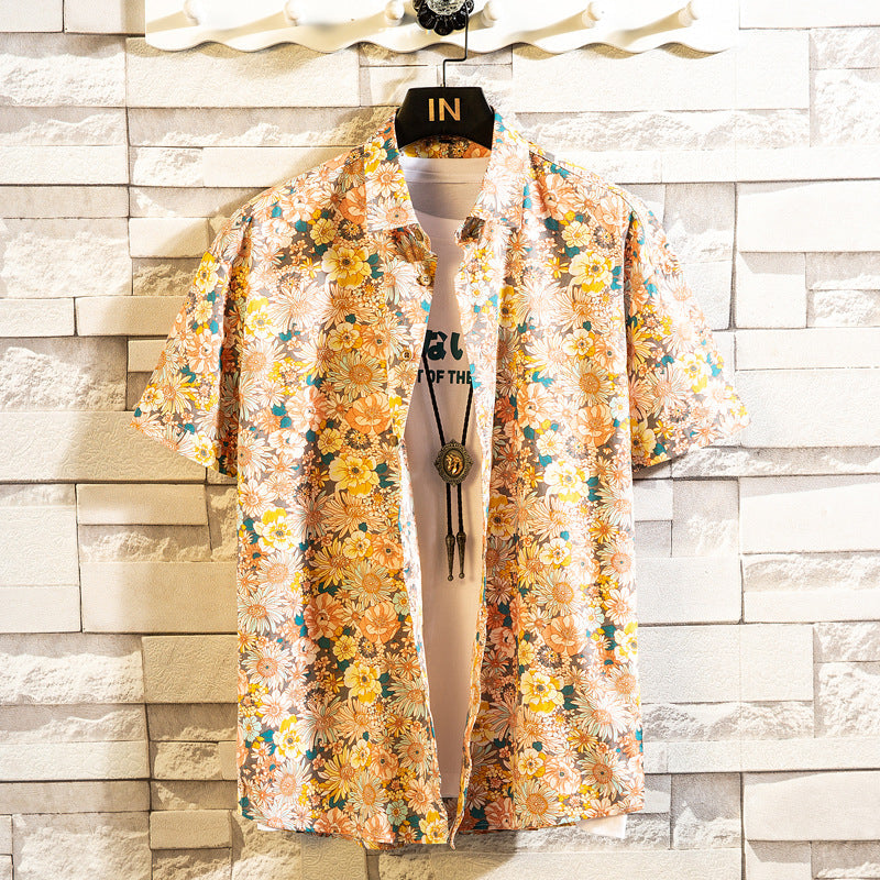 Herren Sommerhemd Mit Blumenmuster, Kurzarm, Reverskragen, Schmaler Passform, Cardigan-Stil, Mehrfarbig