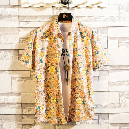 Herren Sommerhemd Mit Blumenmuster, Kurzarm, Reverskragen, Schmaler Passform, Cardigan-Stil, Mehrfarbig