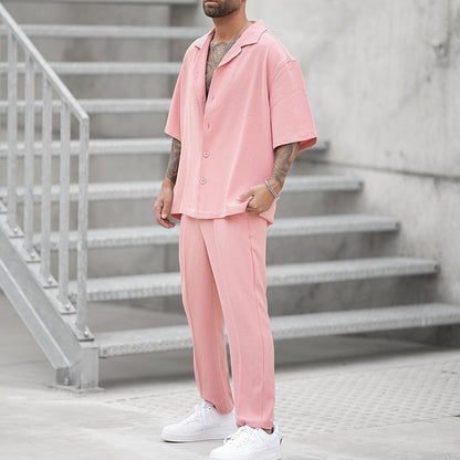 Men's Summer Two-Piece Set Shirt and Pants, Woven, Lightweight, Solid Color, Matching Outfit, Various Sizes