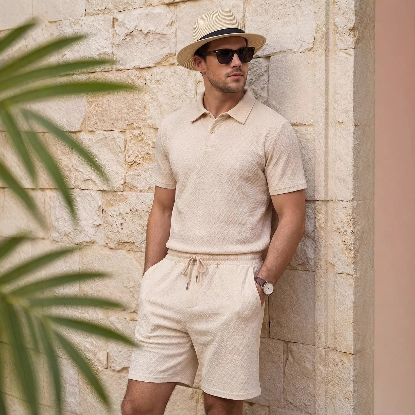 Men's Polo Shirt with Zipper and Long Pants, Two-Piece Set in Sporty Style, Light Khaki, Polyester Fiber