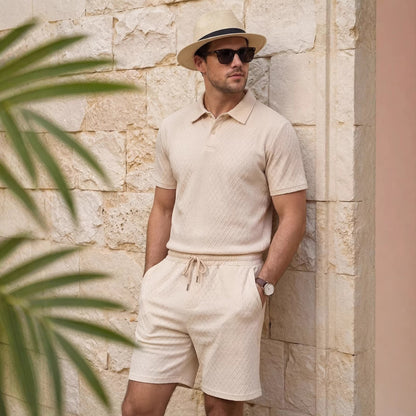 Men's Polo Shirt with Zipper and Long Pants, Two-Piece Set in Sporty Style, Light Khaki, Polyester Fiber