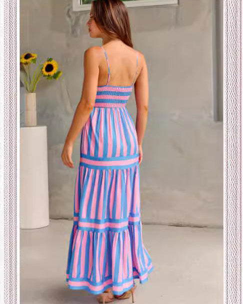 Women's summer maxi dress with stripe pattern, square neckline, backless & pockets – light style