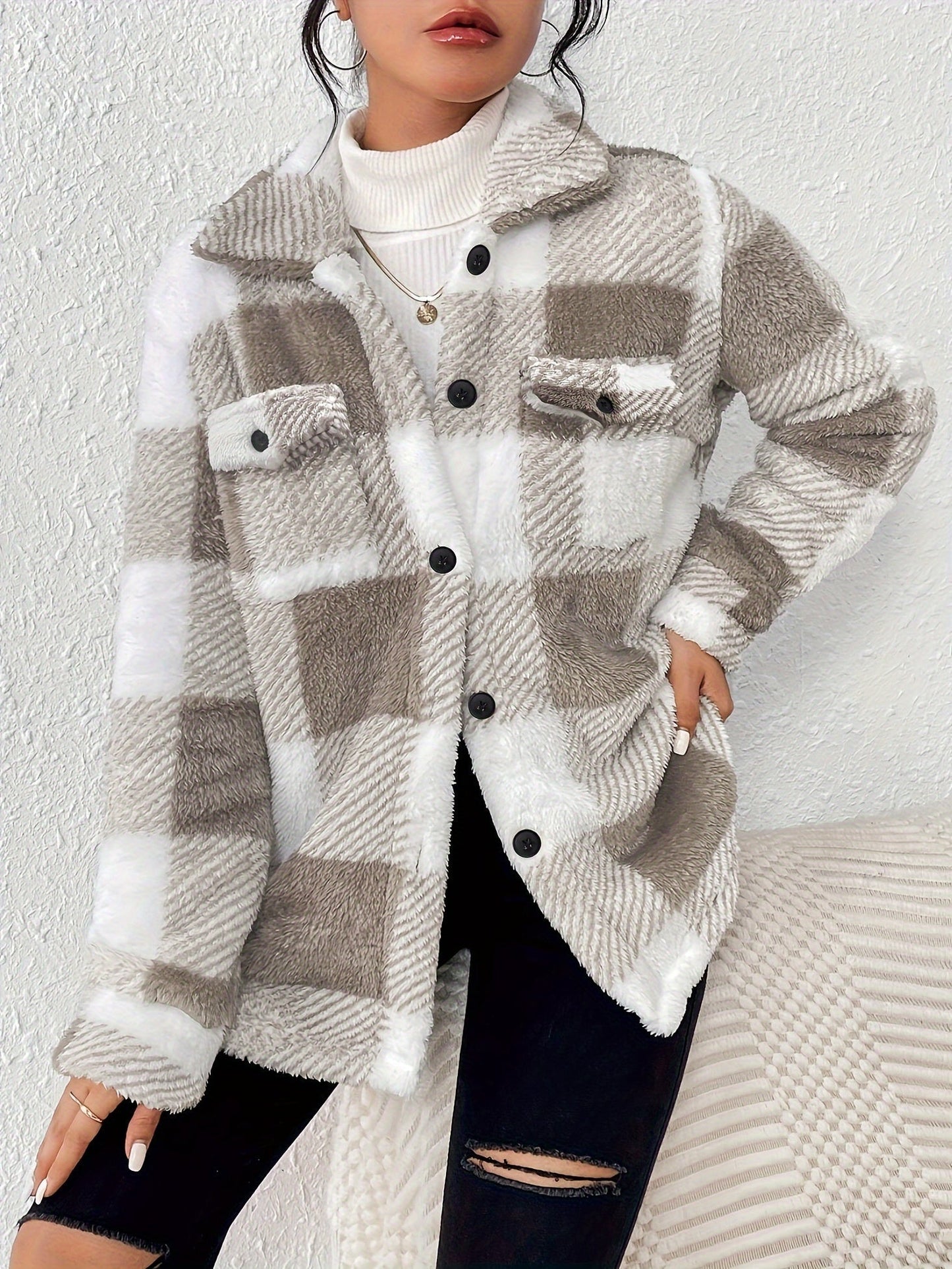 Damen Fleece Cardigan Karomuster Knopfleiste Lockerer Schnitt Langarm – Herbst und Alltag