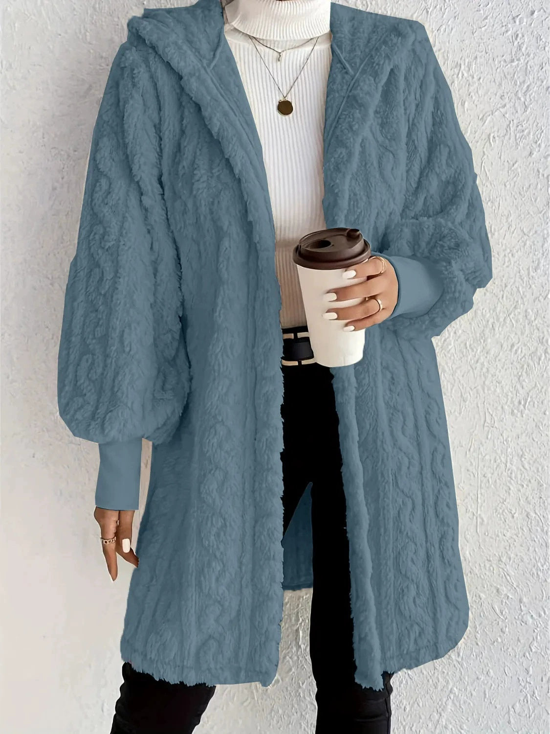 Women's Long Hooded Coat with Plush and Ribbed Cuffs – Comfortable Style