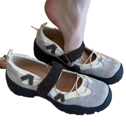 Damen Mary Jane Schuhe Mit Klettverschluss, Dicker Sohle Und Runder Zehenpartie