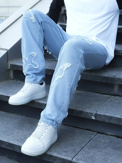 Herren Jeans mit Stickerei und lockerem Schnitt – Gerades Bein