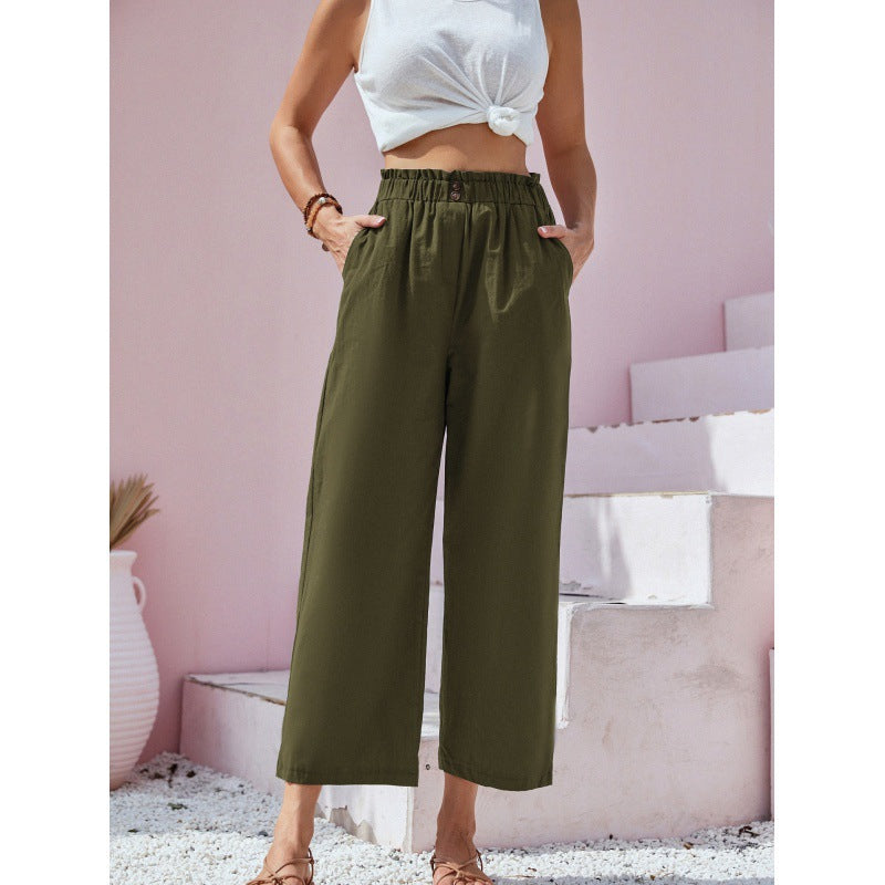 Damen-Freizeithose Mit Hohem Bund, Gerader Schnitt – Baumwoll-Leinen-Mischung