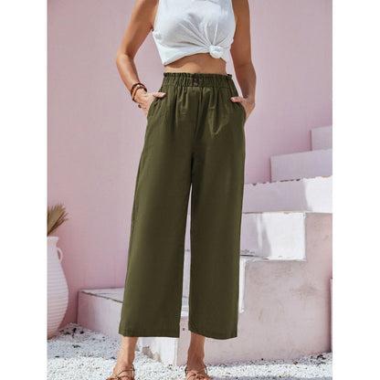 Damen-Freizeithose Mit Hohem Bund, Gerader Schnitt – Baumwoll-Leinen-Mischung