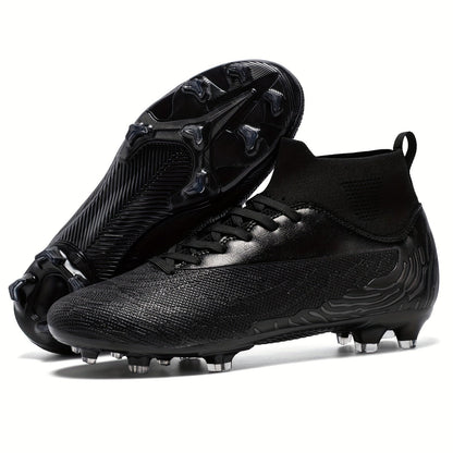 Schwarze Fußballschuhe mit Stollen, modernes Design, hohe Knöchelunterstützung, ideal für Rasenplätze, sportliche Performance, Herren-Fußballschuhe.