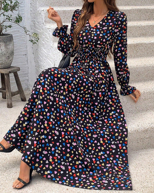 Damen Herbstkleid Mit Print, V-Ausschnitt, Langen Ärmeln Und Weitem Saum, Pullover Im Streetstyle