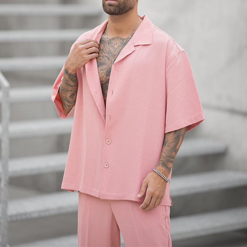 Men's Summer Two-Piece Set Shirt and Pants, Woven, Lightweight, Solid Color, Matching Outfit, Various Sizes