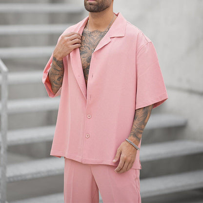 Men's Summer Two-Piece Set Shirt and Pants, Woven, Lightweight, Solid Color, Matching Outfit, Various Sizes