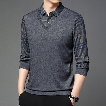 Men's Long Sleeve T-Shirt Fake Two-in-One Effect Notched Collar Striped – Cotton Blend