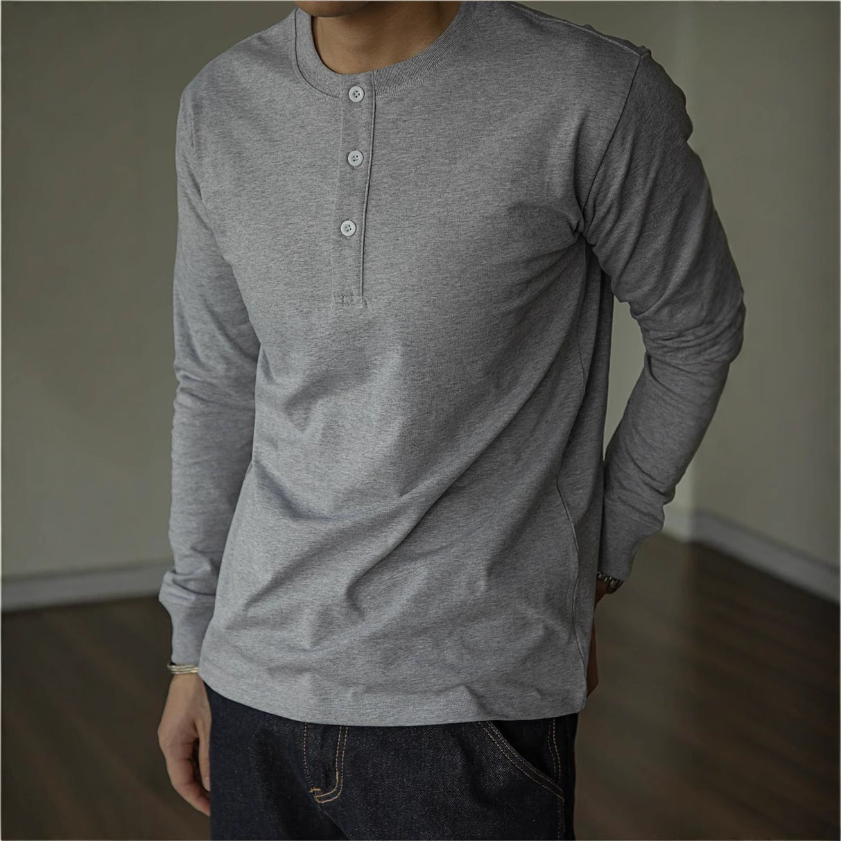 Herren Langarm Henley Shirt – Schweres Material Normale Passform