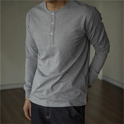 Herren Langarm Henley Shirt – Schweres Material Normale Passform