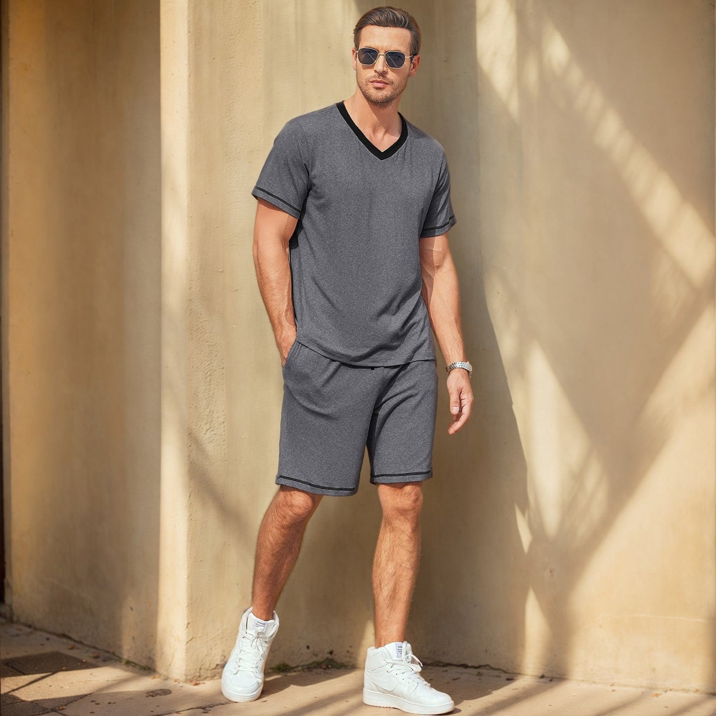 Herren Sommer Kurzarm Zweiteiler Shorts Set Aus Milchseide, Leicht, Verschiedene Farben