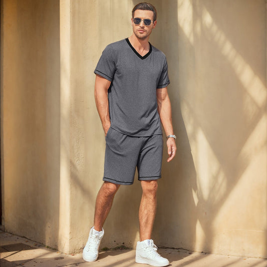 Herren Sommer Kurzarm Zweiteiler Shorts Set Aus Milchseide, Leicht, Verschiedene Farben