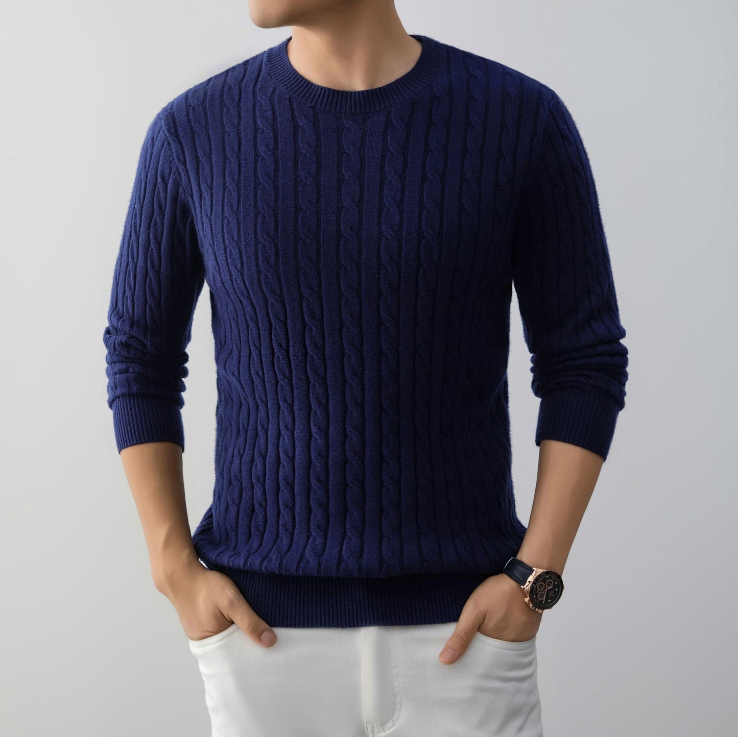 Herren Jacquard Pullover Lockerer Schnitt Langarm – Woll-Mischung