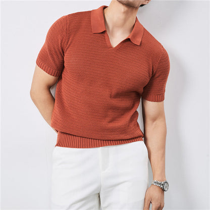 Herren Kurzarm Strick Poloshirt – Lockerer Schnitt Asymmetrische Gestaltung
