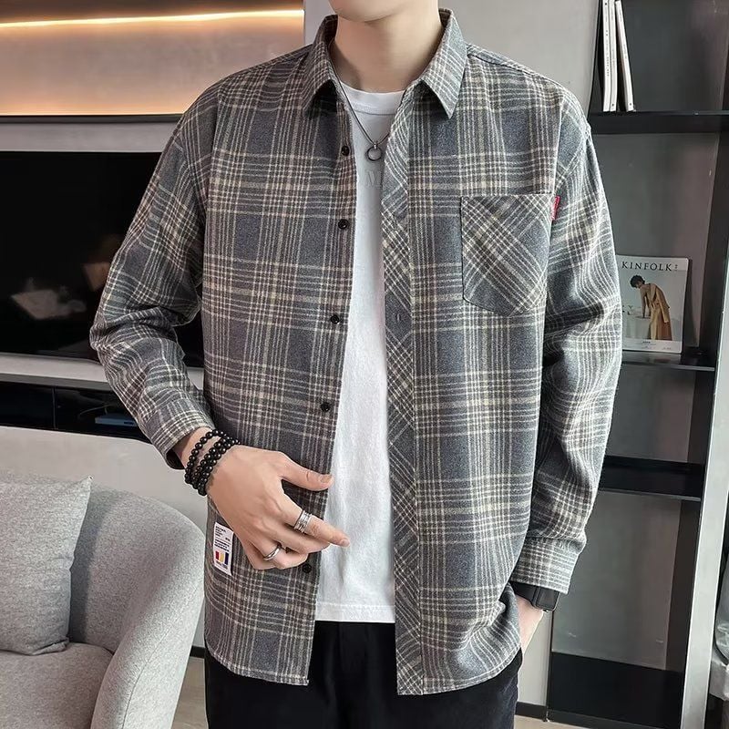 Long-sleeved checked men's shirt for spring with a slim fit