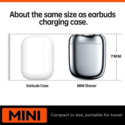 Vergleich von MINI-Rasierer und Ohrhörer-Ladecase, beide kompakt und reisetauglich, Rasierer nur 7 mm dick, ideal für unterwegs.